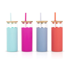 15oz reusable Tumblers Glass Water Bottle with Bamboo Lids and Straw Silicone Protective Sleeve